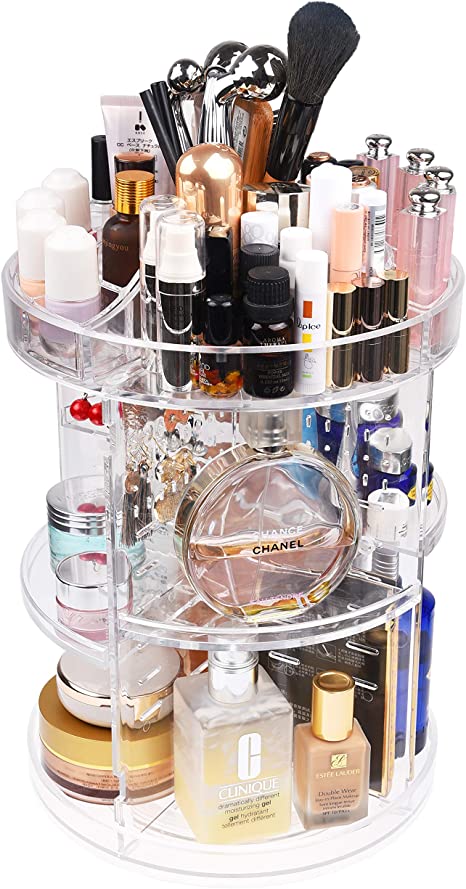 Kare & Kind 360-Degree Acrylic Rotating Makeup Organizer - Stores Make-up, Cosmetics, Toiletries and More - 4 Adjustable Trays, 2X Removable Lipstick Holders, Earring Slots - Transparent Design