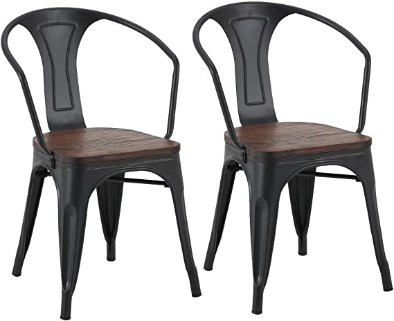 LSSBOUGHT Tolix Style Metal Dining Chair Indoor-Outdoor Use Kitchen Chairs Stackable Arm Chairs Set of 2 (Black)