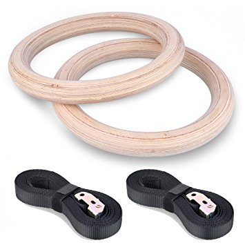 BTSKY™ High Quality A Pair of Birch Wooden Olympic Gymnastic Gym Rings Workout Exercise with Buckles Straps (Maximum Load: 400kg), Great for Cross Fit, Pull-ups, Dips, Body Rows, Iron Cross,Muscle Ups and so on