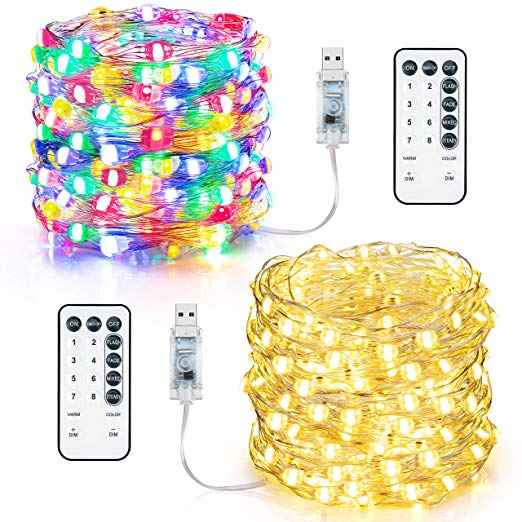 2-Pack LED String Lights, Warm White & Multicolor Christmas Decorations Fairy Lights USB Powered with Remote & 16 Modes, 39FT 120LED Indoor Outdoor Copper Twinkle String Light, RGB Ambiance Lighting
