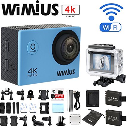 WiMiUS 4K 16MP Action Camera Waterproof WiFi 1080p 60fps 2.0'' LCD Screen 170° Wide Angle Ultra HD Sports Camcorder Helmet Cam Skiing Diving Cam   2 Batteries   Accessories (Q1)