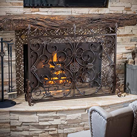 Great Deal Furniture 295450 Darcie Black Brushed Gold Finish Wrought Iron Fireplace Screen,