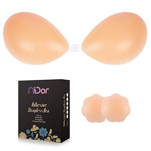 Niidor Adhesive Bra Strapless Sticky Invisible Push up Silicone Bra for Backless Dress with Nipple Covers