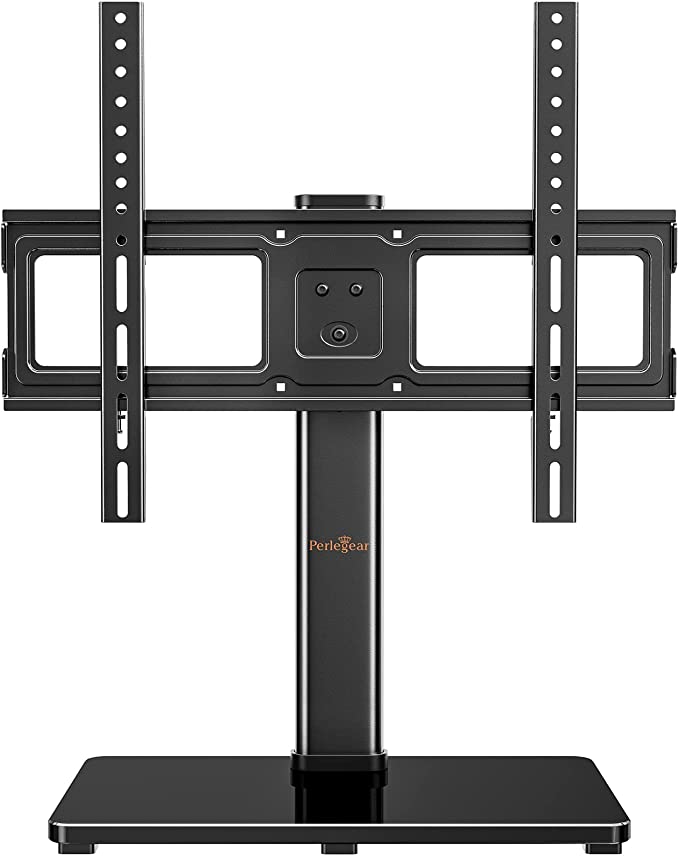 Perlegear Tabletop TV Stand, Universal TV Stand for 23–55 Inch LCD/LED/OLED TVs, Height-Adjustable TV Stand with Tempered Glass Base & Cable Management, Holds up to 77 lbs, VESA 400x400mm, PGTVS02