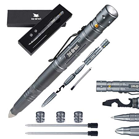 Practical Pen Self Defence Tool for Survival - LED Flashlight, Glass Breaker, Bottle Opener, Ballpoint Pen 2 Ink Cartridges, 3 Batteries, Gift Boxed