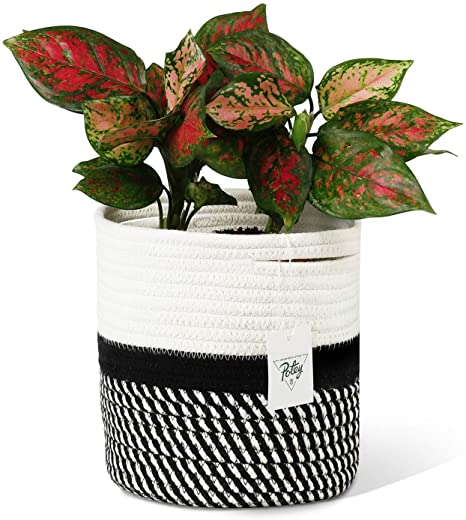 POTEY 700403 Cotton Rope Woven Plant Basket Modern Woven Basket for 7" Flower Pot Floor Indoor Planters, Small Storage Organizer Basket Rustic Home Decor, White Black Stripes 8"x 7.5"