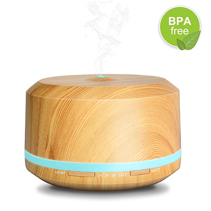 Aromatherapy Diffusers 450ml Wood Grain Aroma Ultrasonic Diffuser Portable Air Aroma Essential Oils Diffuser with 8 Adjustable Colorful Night Light, Waterless Auto Shut-off Cool Mist Humidifier to Improve Health, Skin, Mood, Sleep, Focus Breath Better with Clean & Fresh Air