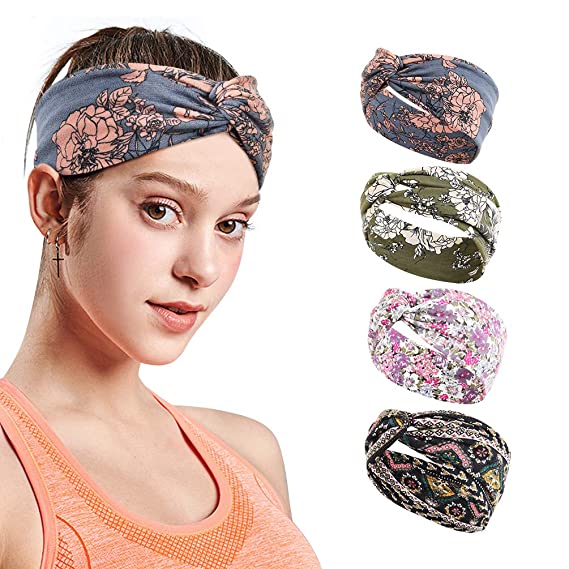 VBIGER Headbands for Women, Turban Boho Headwraps for Summer, Cotton Stretchy Headbands Non Slip Criss Cross Hairband for Girls (Set 4(4 Pack))