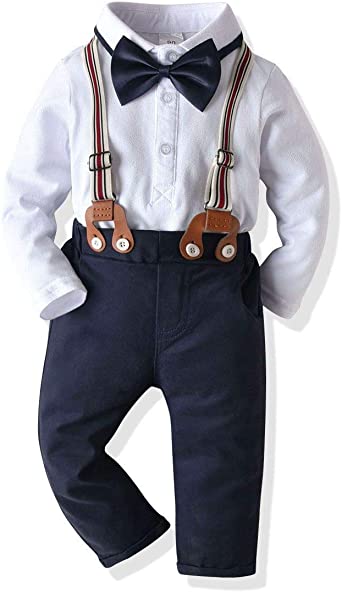 Carlstar Baby Boys Gentleman Outfit Suits,Infant Boys Pants Set,Long Sleeve Romper Shirt Suspender Pants Bow Tie