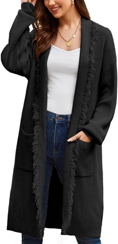 GRACE KARIN Womens Long Cardigans Cable Knitted Fringed Open Front Cardigan Sweaters