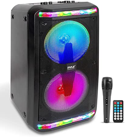 Portable Bluetooth PA Speaker System - 600W Rechargeable Outdoor Bluetooth Speaker Portable PA System w/Recorder, Microphone in, Party Lights, AUX, Radio, Remote - Pyle PPHP288B