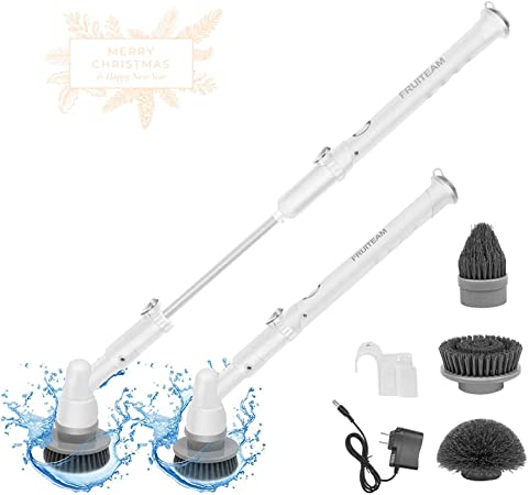 FRUITEAM Electric Spin Scrubber Cordless Bathroom Shower Scrubber Power Brush Floor Scrubber with 3 Replaceable Cleaning Brush Head & Adjustable Extension Handle for Home, Silver