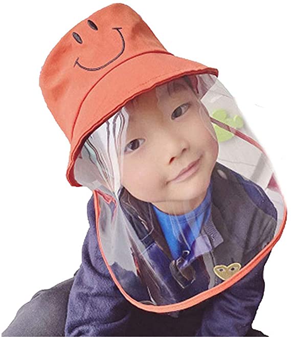 Kids Protective Hat Full Face Shield Fisherman Hat for Children, Safety Cover Windproof Dustproof Face Protection Isolation Mask Anti UV Sun Cap (One Size for 3-13Y, Orange)
