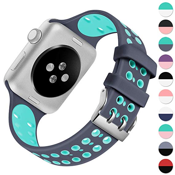 KOLEK Band Compatible with Apple Watch Series 4/3/2/1, Vibrant Durable Waterproof Breathable Silicone Sport Strap for Apple Watch 38mm 40mm 42mm 44mm, Multi Colors Available