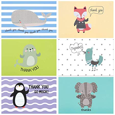 D-FantiX Baby Thank You Cards, 48 Cute Animal Thank You Note Cards Bulk for Baby Shower, Kids - 6 Designs Blank Inside with 48 White Envelopes and Stickers, 4x6 Inches