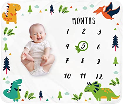 Tebaby Baby Monthly Milestone Blanket Boy - Dinosaur Neutral Newborn Month Blanket for Boy & Girl Personalized Shower Gift Soft Plush Fleece Photography Background Prop with Frame Large 47''x40''