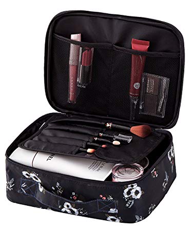 Travel Makeup Cosmetic Case,Portable Brushes Case Toiletry Bag Travel Kit Organizer Cosmetic Bag Black Flower A