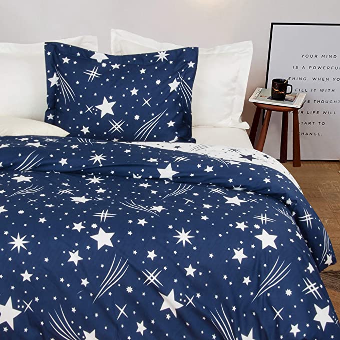 NTBAY 2 Pieces Microfiber Duvet Cover Set, Ultra Soft Zipper Closure Pattern Kid's Bedding Set, Twin Size, Blue and White Meteor