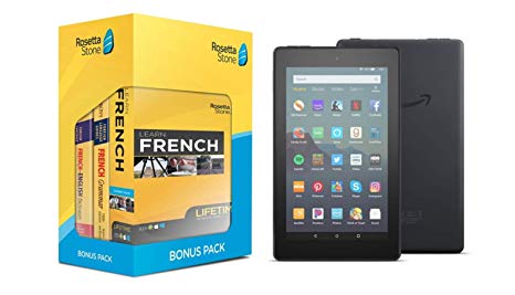 Learn French: Rosetta Stone Bonus Pack Bundle (Lifetime Online Access   Grammar Guide and Dictionary Book Set) with Fire 7 Tablet (7" display, 16 GB) - Black