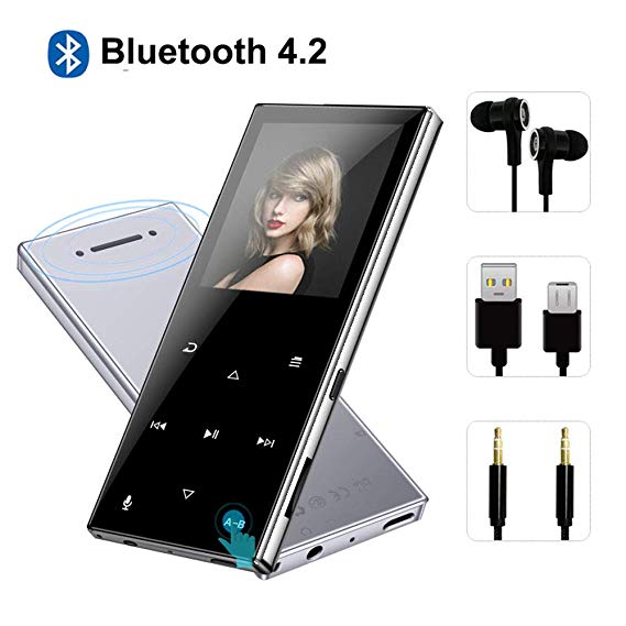 MP3 Player with Bluetooth 4.2,8GB HiFi Lossless Mp3 Player with Touch Buttons,62 Hours Playback,Support Up to 128GB,Built-in Speaker, FM Radio,Pedometer,Recording, Headphone, Armband Include,Silver