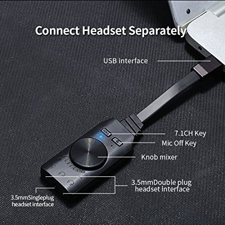 USB Audio Stereo External usb Virtual 7.1 Channel Audio Usb Sound Card Adapter 3.5mm mic & audio Free Drive one key 7.1 CH EMC CABLE Laptop Desktop Windows Vista Mac Gaming Headphones (No drivers Need
