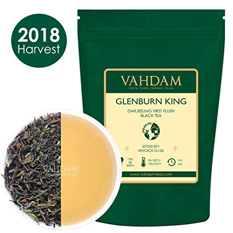 2018 Harvest Vahdam Darjeeling Tea - 100% Unblended First Flush Glenburn Tea - Pure Darjeeling Black Tea Loose Leaf – 25 cups, 1.76 oz – Natural Black Tea Leaves - Chai Latte Suited