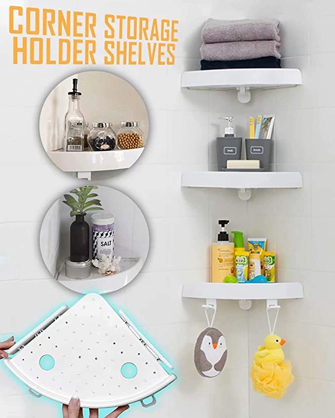 Snap Up Corner Shelf, Triple Bathroom Wall Corner Mount Storage Holder Kitchen Corner Storage Rack Non-Marking Shelf with Hooks