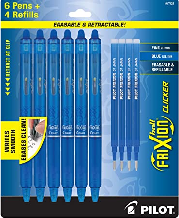 Pilot Frixion Erasable Pens - 6 Pack of Blue Ink Pens   4 Bonus Refills - Frixion Clicker Erasable Pens Retractable Gel Ink Pen - Fine Point 0.7 mm Used for Rocketbook & Notebook