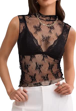 MEROKEETY Women's 2024 Sleeveless Sheer Mesh Crop Top Mock Neck Summer Sexy Lace Tank Y2K See Through Blouses Shirts