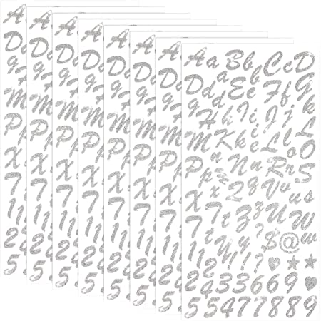 8 Sheets 720 Pieces Alphabet Letter Sticker Cursive Alphabet Letter and Number Stickers Glitter Self Adhesive Alphabet Stickers for Grad Cap Decoration DIY Crafts Art Making Supplies (Silver)