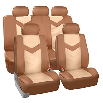 FH GROUP FH-PU021115-SEAT Synthetic Leather Full Set Seat Covers Beige/Tan- Fit Most Car, Truck, Suv, or Van