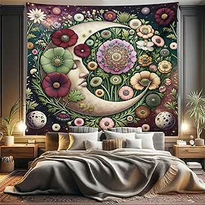 Ambesonne Moon Tapestry King Size, Starry Mandala Details Medieval Luna Character with Fantasy Leaves Boho, Wall Hanging Bedspread Bed Cover Wall Decor, 104" X 88", Pale Green Maroon Lilac