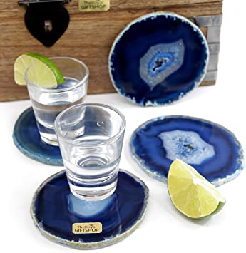 Gift Set of Four Genuine Brazilian (3"- 3.5") Agate Coasters. Includes Protective rubber bumpers - BLUE