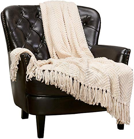 Chanasya Textured Knitted Super Soft Throw Blanket with Tassels Warm Cozy Plush Lightweight Fluffy Woven Blanket for Bed Sofa Couch Cover Living Bed Room Acrylic Throw Blanket (50x65)- WhiteSmoke