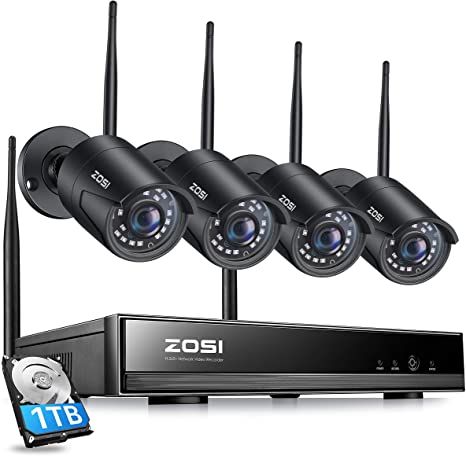 ZOSI H.265  1080p Wireless Security Camera System for Home, 8CH Network Video Recorder (NVR) with 4 x 2MP Auto Match WiFi IP Camera Outdoor Indoor, 80ft Night Vision, 1TB HDD Included