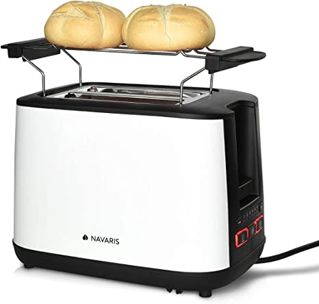 Navaris Doppelschlitz Toaster mit Brötchenaufsatz - 2 extragroße Toast Schlitze - 6 Stufen - automatische Brotzentrierung - 1000W - Weiß