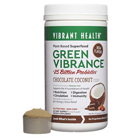 Vibrant Health - Green Vibrance, Plant-Based Superfood to Support Immunity, Digestion, and Energy, 25 Billion Probiotics, Gluten Free, Non-GMO, Vegetarian, Chocolate Coconut, 25 Servings