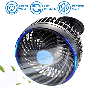HueLiv Car Fan 12V Electric Vehicle Fan with Suction Cup Cooling Fan Plugs into Cigarette Lighter, Powerful Silent and Stepless Speed Change 360 Degree Rotatable Car Fans for Summer Cooling