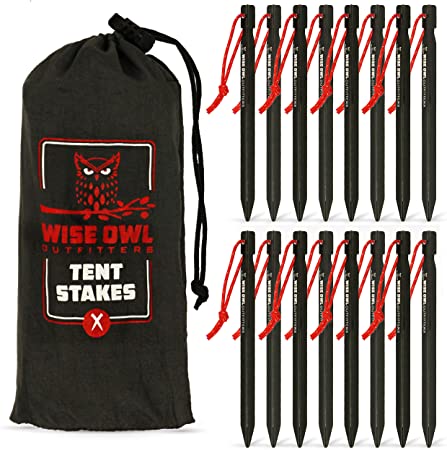 Wise Owl Outfitters Tent Stakes 7075 Heavy Duty Aluminum Metal Ground Pegs - Perfect to Stake Down A Tarp and Tents - Best Easy Lightweight Strong Outdoor Camping Spikes