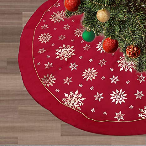 FLASH WORLD Christmas Tree Skirt,48 inches Large Xmas Tree Skirts with Snowy Pattern for Christmas Tree Decorations (Red—Three Cotton Layer)