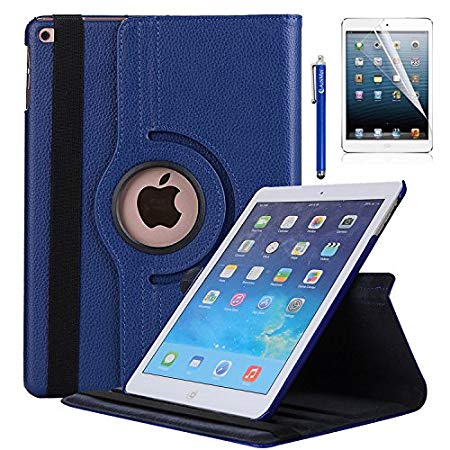 New iPad 9.7 2018 2017 / iPad Air Case - AiSMei Rotating Stand Case Cover with Auto Wake Sleep for Apple iPad 9.7" (6th Gen, 5th Gen) / iPad Air 2013,Bonus Stylus   Film - Dark Blue