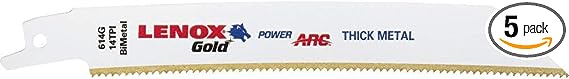 LENOX Tools 21065810GR Gold Power Arc Reciprocating Saw Blade, For Thick Metal, Wood, Plastic Cutting, 8-inch, 10 TPI, 5-Pack