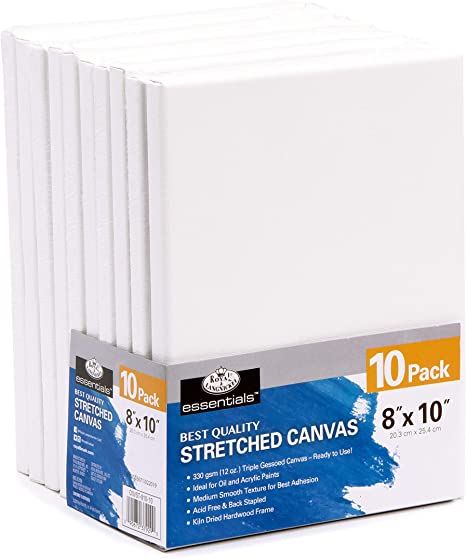 Royal & Langnickel Essentials 8x10" Triple Gessoed Stretched Canvas Value Pack, for Oil and Acrylic Painting, 10 Pack