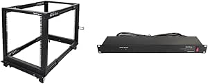 StarTech.com 12U Open Frame Server Rack,Black & 8 Outlet Horizontal 1U Rack Mount PDU Power Strip for Network Server Racks - Surge Protection - 120V/15A - with 6 Ft Power Cord (RKPW081915), Black