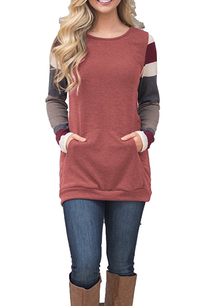 BLENCOT Women's Color Block Long Sleeve Tunic Sweatshirt Tops With Kangaroo Pocket