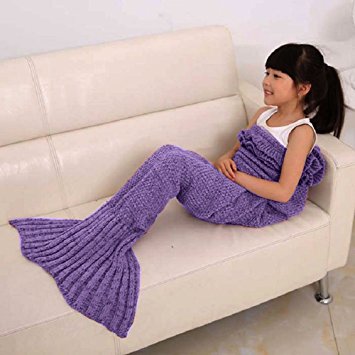 EagleUS Children Crocheted Kids Mermaid Tail Cocoon Knit Blanket Rug for Kids Girls - All Season Sleeping Bag for Birthday Festival Gift (Kids--55"x27.5", Purple)