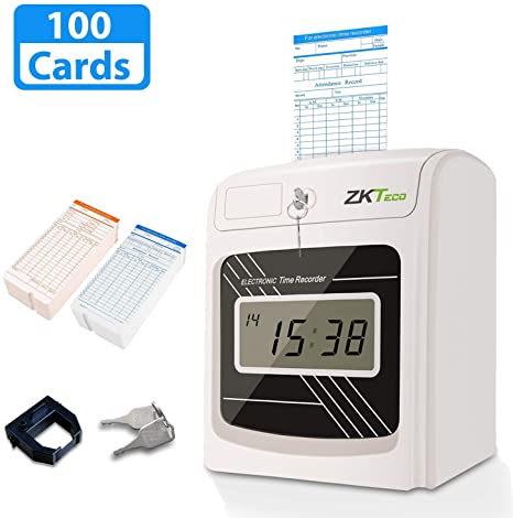 ZKTeco Punch Time Clock Bundle with 100 Time Cards, Starter Time Clocks for Employees Small Business - Attendance Checks in Punch Time Stamp Machine Calculating (PH601N)