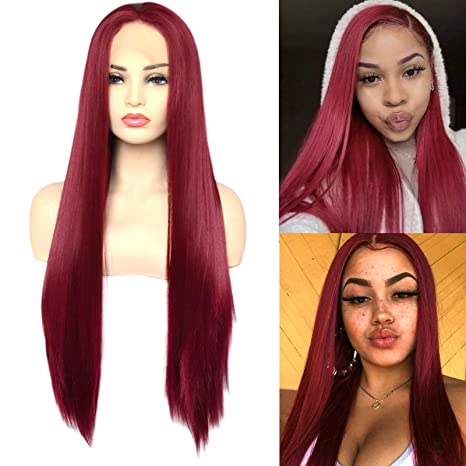 BLUPLE Burgundy Red Synthetic Lace Front Wigs Long Silk Straight 99j Wine Red Color Wig with Free Part High Temperature Fiber for Women Party Show (22 inches, Straight,Burgundy Red)