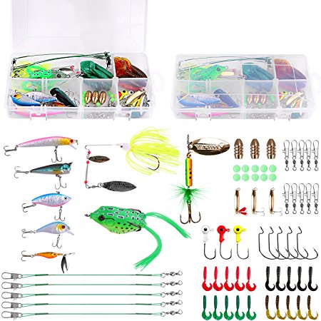 PLUSINNO Fishing Lures Baits Tackle including Crankbaits, Spinnerbaits, Plastic worms, Jigs, Topwater Lures, Tackle Box and More Fishing Gear Lures Kit Set, 102Pcs Fishing Lure Tackle