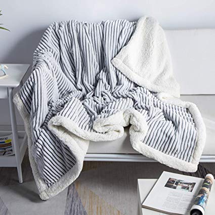 DISSA Sherpa Throw Blanket Soft Blanket with Grey and White Stripe for Bed Couch Sofa (Grey, 51x63'')